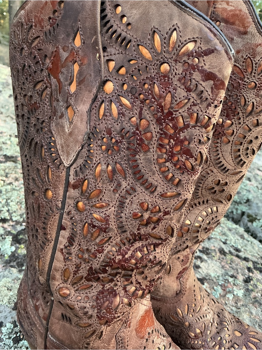 Corral Leather Floral Gold Cutout Western Cowboy Boots 7.5M - Picture 13 of 16